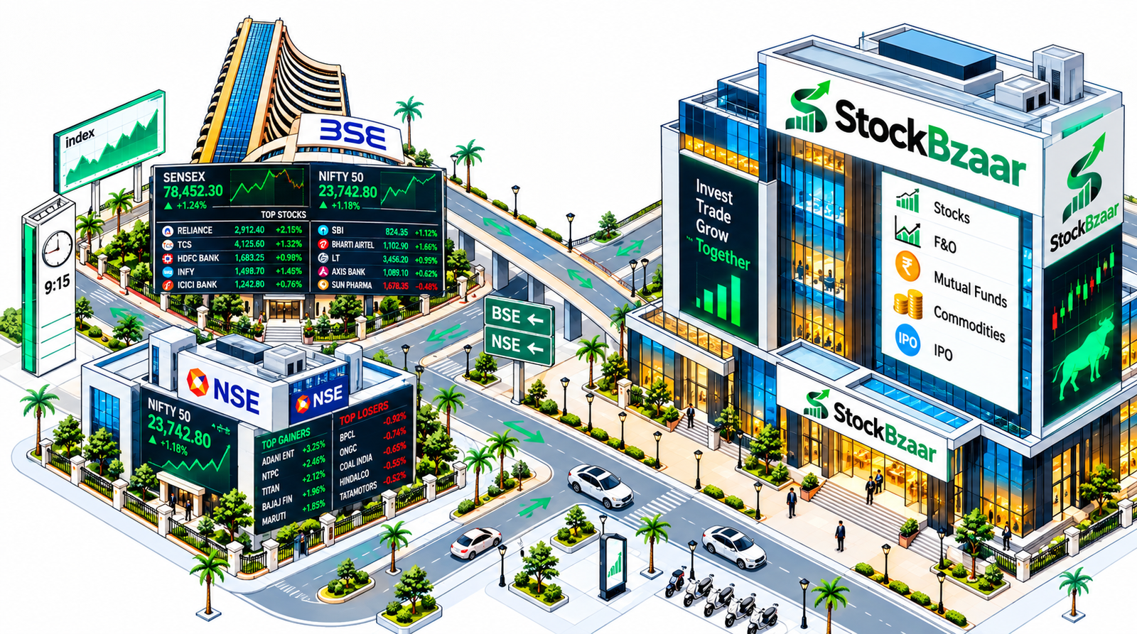 StockBazar miniature financial city featuring NSI and BSI buildings